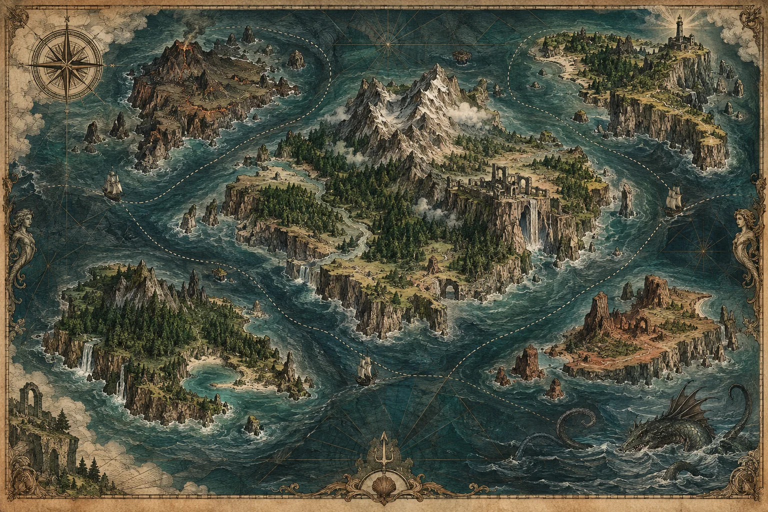 Dark green hand-drawn fantasy archipelago map