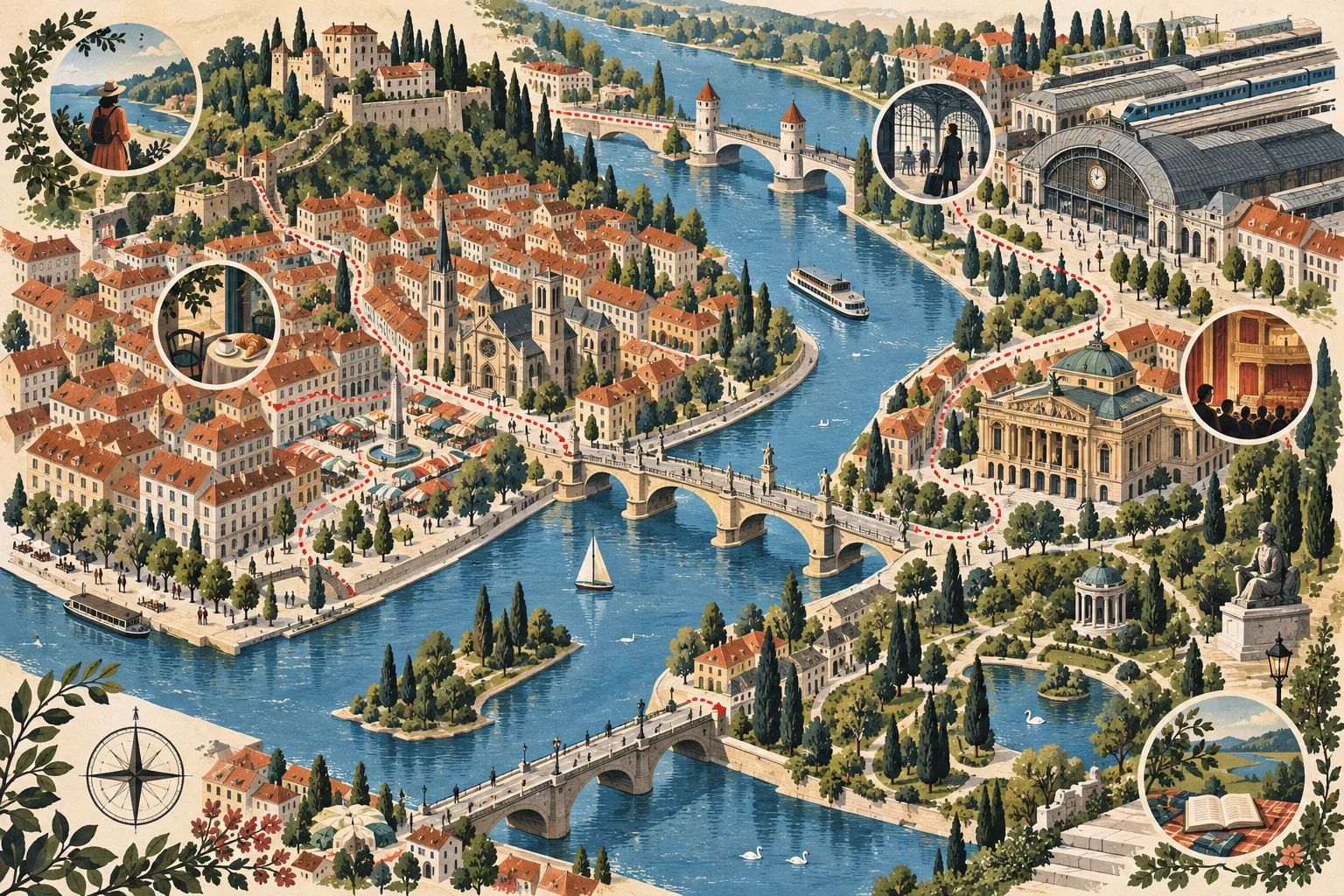 Colorful illustrated map of a river city and walking route