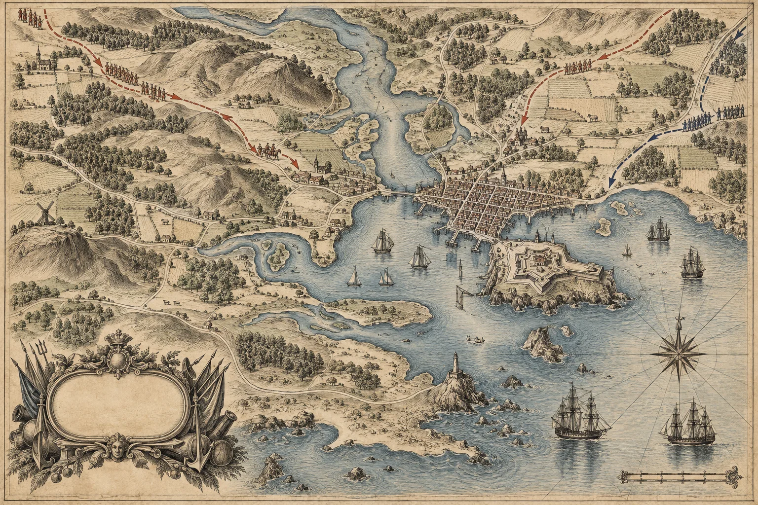 An engraved historical map of a harbor, town, fort and campaign routes
