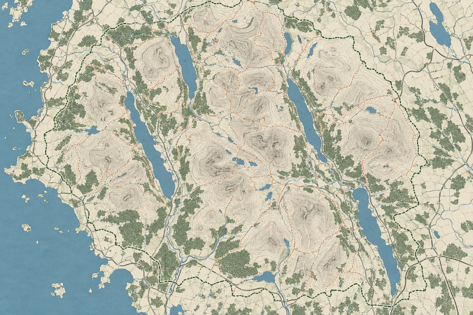 Top-down contour map of England's Lake District