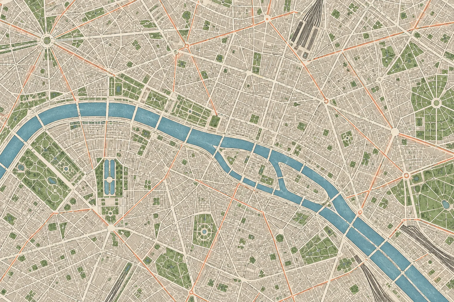 Flat editorial street map of central Paris and the Seine